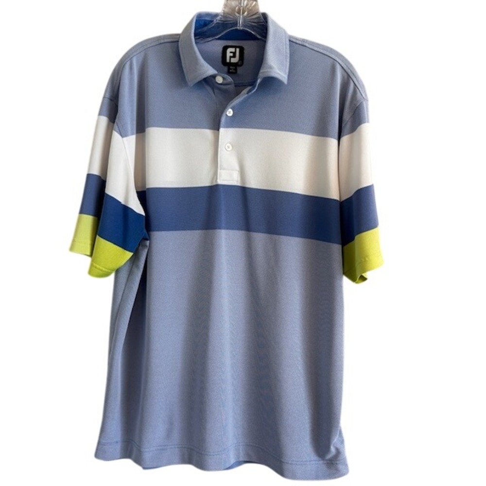 FJ FootJoy Men's Blue White Short Sleeve Golf Polo Shirt LG Embroidered Sarasota